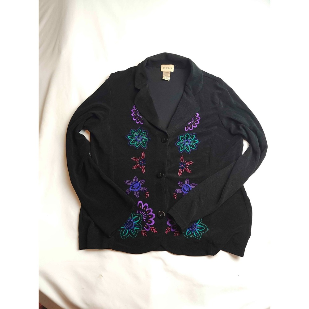 Choices Blazer Jacket Womens Medium Black Floral Embroidered Long Sleeve Career